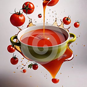 Fresh tomato vegetable soup with liquid splash effect