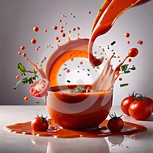 Fresh tomato vegetable soup with liquid splash effect