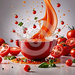 Fresh tomato vegetable soup with liquid splash effect