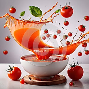 Fresh tomato vegetable soup with liquid splash effect