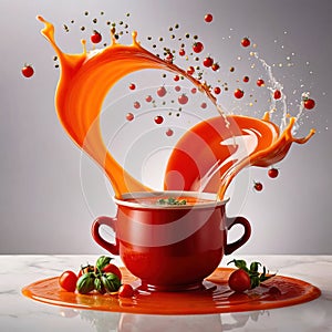 Fresh tomato vegetable soup with liquid splash effect