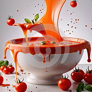 Fresh tomato vegetable soup with liquid splash effect