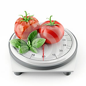 Ripe Red Tomatoes and Basil on Kitchen Scale