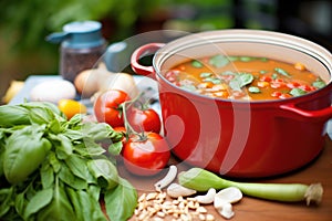 fresh tomatoes, basil, and garlic cloves surrounding a pot of soup