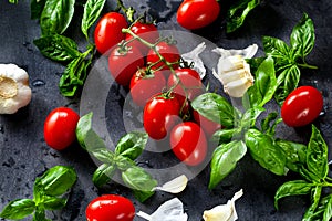 Fresh tomatoes with basil garlic and sea salt on black slate background