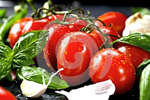 Fresh tomatoes with basil garlic and sea salt on black slate background