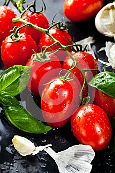 Fresh tomatoes with basil garlic and sea salt on black slate background