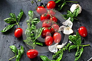 Fresh tomatoes with basil garlic and sea salt on black slate background