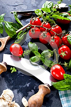 Fresh tomatoes with basil garlic and sea salt on black slate background