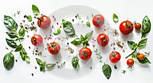 Fresh tomatoes and basil leaves arrangement with spices on white background