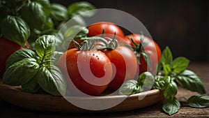 Fresh Tomatoes and Basil on Rustic Background. photo