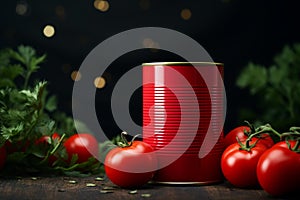 Fresh tomatoes and canned goods on dark wooden table