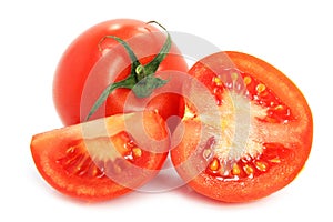 Fresh tomatoes with cut on white background