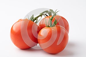 Fresh tomatoes on a green stem on white