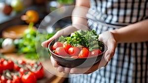 Fresh Tomatoes and Greens Held in Bowl by Person in Apron