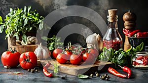 Fresh tomatoes and herbs on a rustic kitchen table