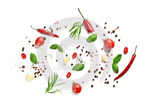 Fresh tomatoes, herbs and spices on white background