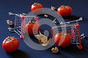 Fresh tomatoes, overturned supermarket carts and torn pieces of paper. Concept of trade problems, overproduction crisis, farm photo