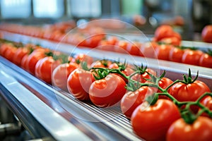 Fresh tomatoes processed on conveyor belt for packaging