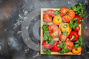 fresh tomatoes, sweet peppers and basil on black table. Healthy food. Gardening. place for text, top view