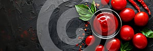 fresh tomatoes and tomato ketchup sauce on a dark background