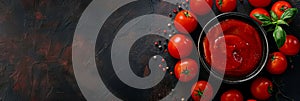 fresh tomatoes and tomato ketchup sauce on a dark background