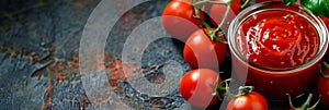 fresh tomatoes and tomato ketchup sauce on a dark background