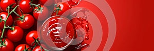 fresh tomatoes and tomato ketchup sauce on a red background