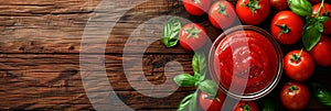 fresh tomatoes and tomato ketchup sauce on wooden background