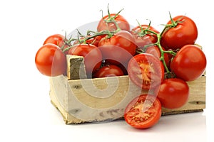 Fresh tomatoes on the vine and a cut one