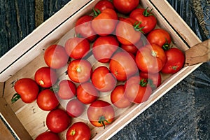 Fresh tomatoes in wooden box at food store. Tomato vegetables at farmer market for healthy eating