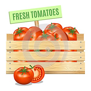 Fresh tomatoes in a wooden box on a white background. Vector