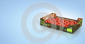 Fresh tomatos in box on blue gradient background with reflection and place for text 3d
