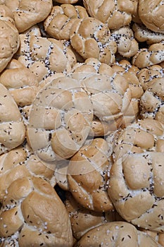 Fresh traditional Czech houska bun with salt and cumin seeds in bakery