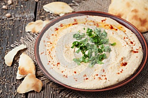 Fresh traditional hummus Hebrew lunch with