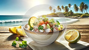 Fresh Tropical Ceviche on Beachside Table, Summer Dining Concept