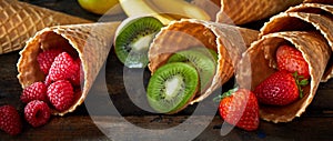Fresh tropical fruit displayed in cornets