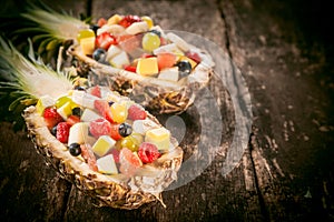 Fresh Tropical Fruit Salads in Pineapple Boats