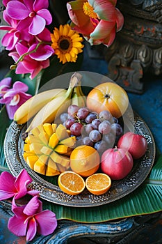 Fresh tropical fruits. Assorted exotic fruits and flowers for traditional puja ceremony to worship. Hindu festival Chhath Puja