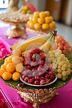 Fresh tropical fruits. Assorted exotic fruits and flowers for traditional puja ceremony to worship. Hindu festival Chhath Puja