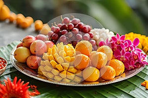 Fresh tropical fruits. Assorted exotic fruits and flowers for traditional puja ceremony to worship. Hindu festival Chhath Puja