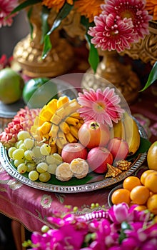 Fresh tropical fruits. Assorted exotic fruits and flowers for traditional puja ceremony to worship. Hindu festival Chhath Puja