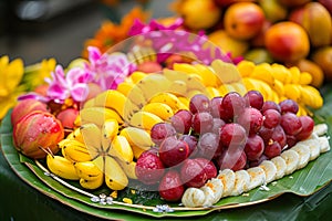 Fresh tropical fruits. Assorted exotic fruits and flowers for traditional puja ceremony to worship. Hindu festival Chhath Puja