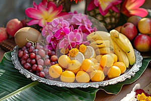 Fresh tropical fruits. Assorted exotic fruits and flowers for traditional puja ceremony to worship. Hindu festival Chhath Puja