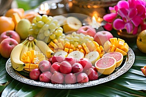 Fresh tropical fruits. Assorted exotic fruits and flowers for traditional puja ceremony to worship. Hindu festival Chhath Puja