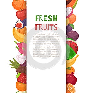 Fresh tropical fruits in borders cartoon vector illustration.