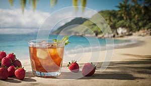 Fresh tropical iced orange cocktail and fruits on wicker tray, stands on sand, on ocean shore in shade of palm trees