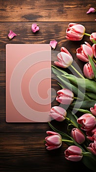 Fresh tulips and notepad create a lovely scene on wood