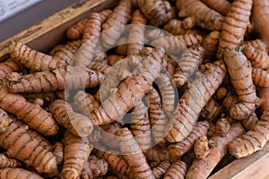 Fresh tumeric root in wooden box at market store