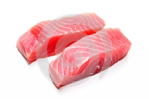 Fresh tuna fish fillet steaks isolated on white background. Raw seafood